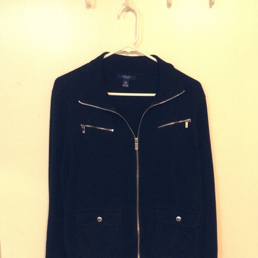 CHAPS ZIP FRONT KNIT JACKET WITH ZIPPER POCKETS
